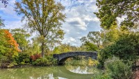 Footbridge across lake with lush trees on either end