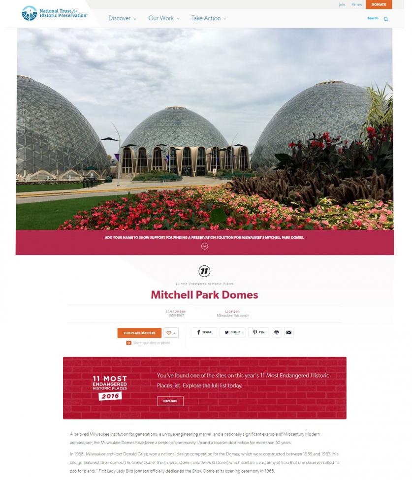 National Trust for Historic Preservation website featuring the Mitchell Park Domes