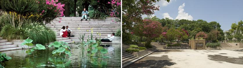Two views of Pershing Park: a well-maintained urban oasis (left); and the results of deferred maintenance (right)