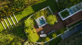 Overhead view of lawn and spa at Tango House