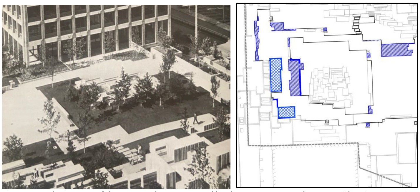 Freeway Park, Seattle, WA, Seneca Place, side-by-side comparison