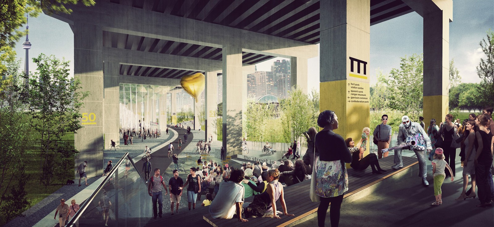 Rendering of proposed park beneath the Gardiner Expressway in Toronto