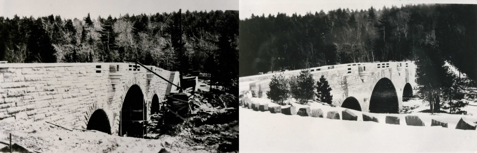 As illustrated in the monograph: Duck Brook Bridge under construction, left; the completed Duck Brook Bridge with plantings, right
