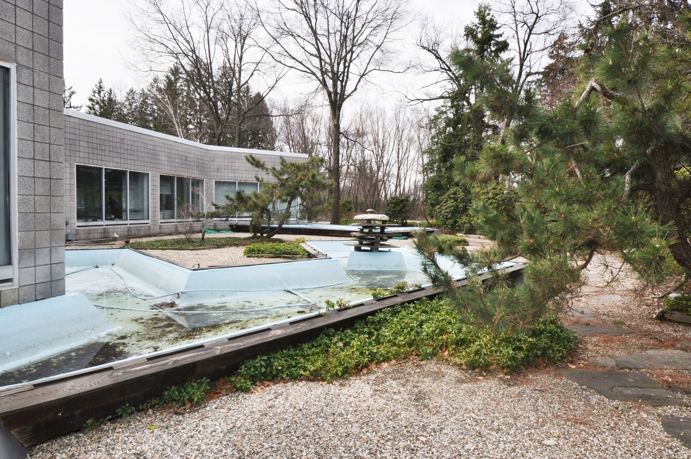 Rebuilt pools, having failed again, along with overgrown plantings beside the path of the EarthCam building, 2014