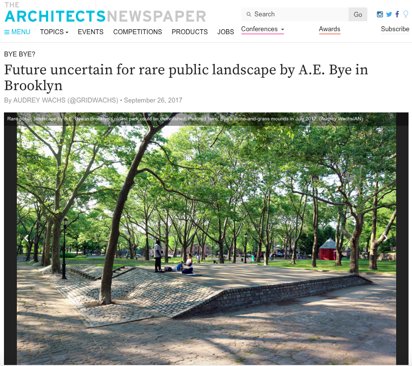 Future uncertain for rare public landscape by A.E. Bye in Brooklyn. Screen capture of homepage