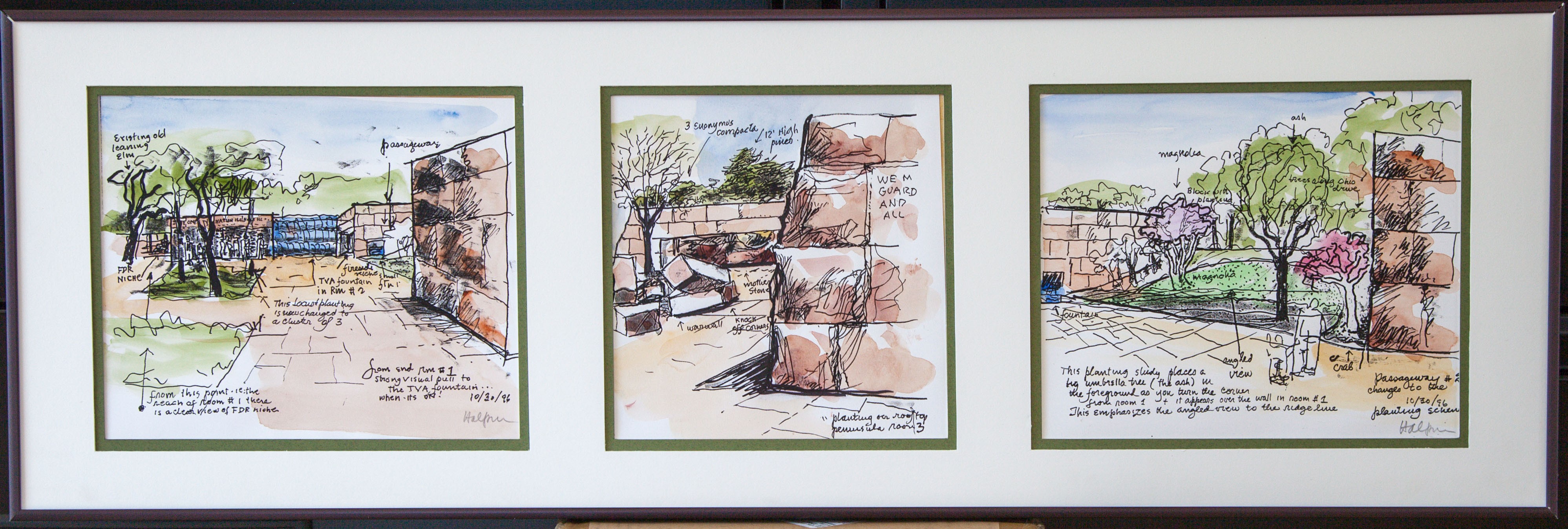 Hand colored sketches of the FDR Memorial by Lawrence Halprin