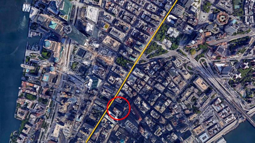 Map of 140 Broadway location; the red circle indicates the site and the yellow line is Broadway. The 9/11 Memorial is visible at upper left.