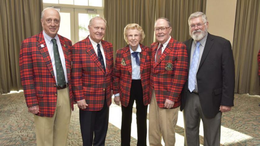(Left to right) Golf course architects Rees Jones, Jack Nicklaus, Pete Dye, and Alice Dye, with Golf Digest senior editor Ron Whitten                           at the 2017 American Society of Golf Course Architects meeting