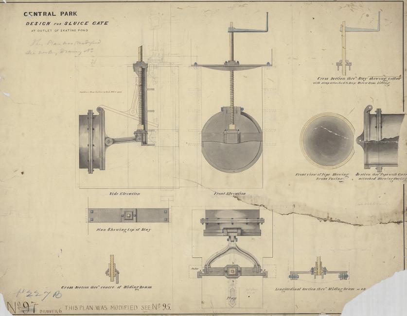 Design of the sluice gate for the Skating Pond, ca. 1858.