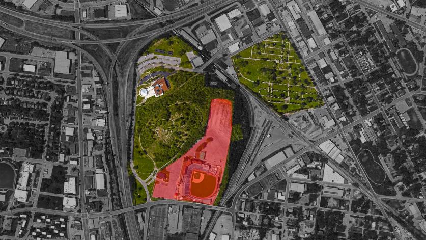 Aerial view of Fort Negley Historic Landmark District. The Greer Stadium complex, shown in red, is slated for redevelopment.