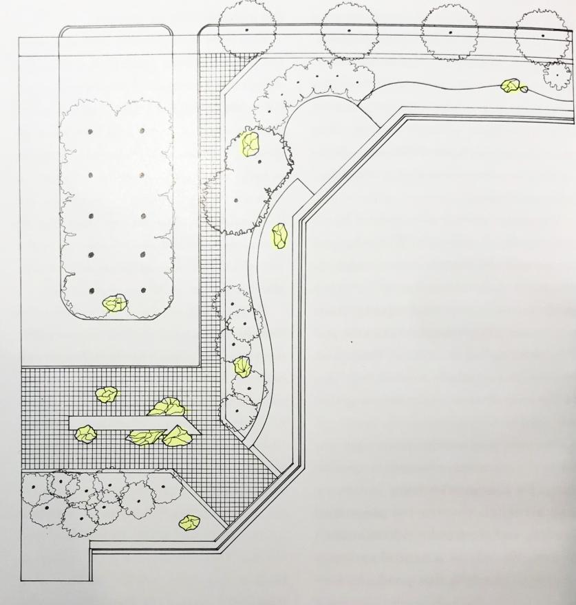Original site plan of MARABAR showing all twelve boulders (highlighted in yellow) and the rectangular water feature.