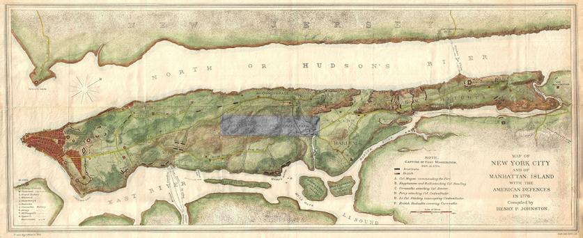 Map of NYC with American defenses in 1776, the black and white area is the site of Central Park