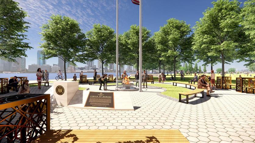 Rendering of Essential Workers Monument proposed for Rockefeller Park in New York, NY