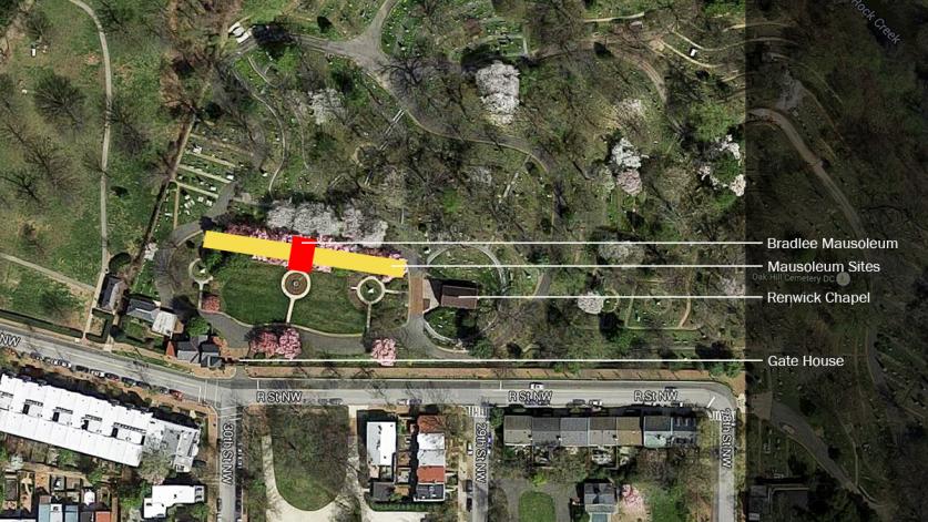 Aerial of Oak Hill Cemetery, wall of mausolea indicated in yellow