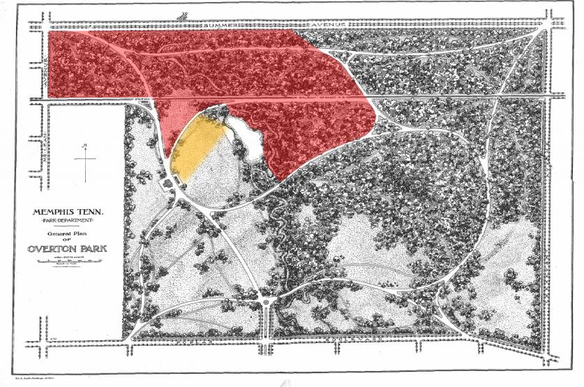 George Kessler's master plan for Overton Park. The red area shows land ceded to the Memphis Zoo while the orange color denotes the area of the greensward currently impacted by parking.