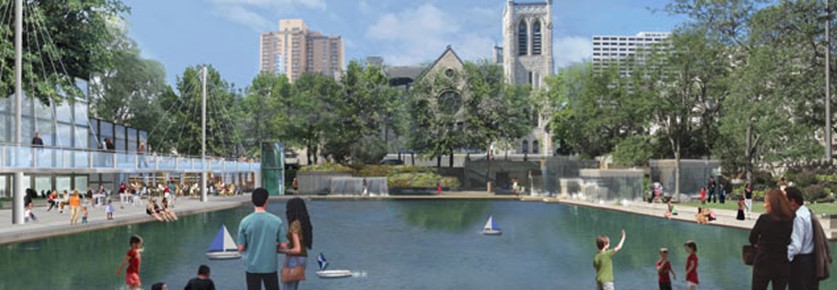 Peavey Plaza basin in summer