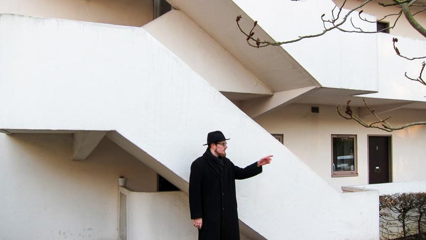 In front of the Isokon Building, Lawn Road, Hampstead, London, 2012