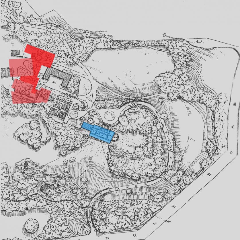 Map shows combined building footprint in red (darker red is the proposed addition) with the original estate house in blue
