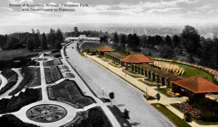 Color area shows original pergola, bandstand, and concert grotto lost to the art museum